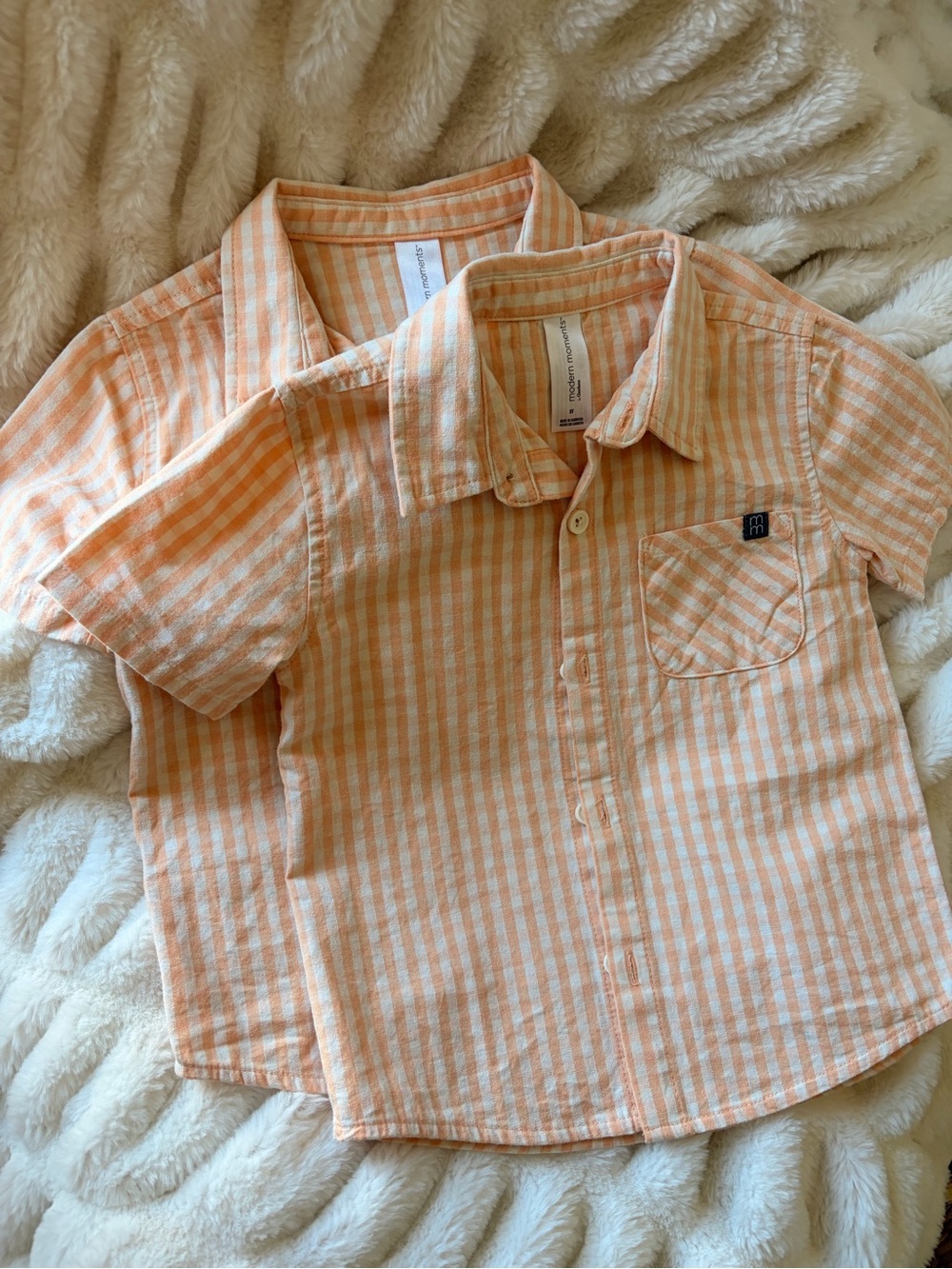 Mini Boden Orange Gingham Short-Sleeve Button-Down Shirt - Kids